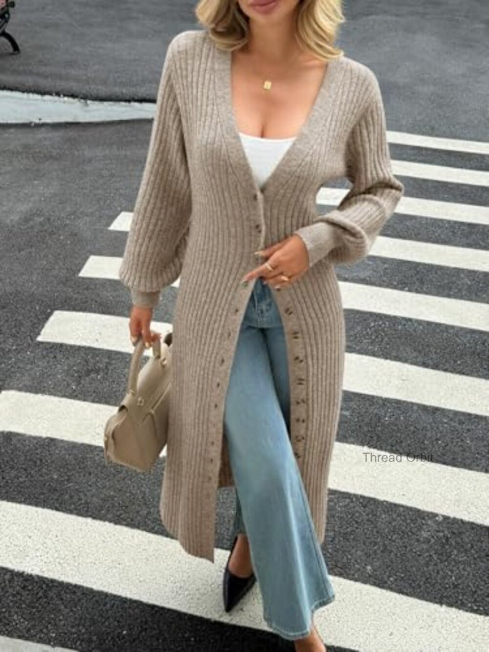 Chunky Knit V-Neck Button Down Maxi Long Cardigan Duster Sweater Coat - Picture 3 of 7